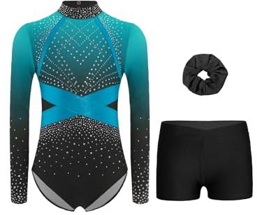 Lpdshaa Mädchen Gymnastikanzüge Gymnastiktrikot Set Farbverlauf Turnanzug mit Kurze Hose Shorts und Haarband Glitzer Leotard Langarm Ballett Anzug Trikots Tanz Outfits