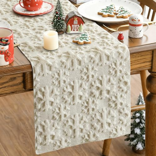 JOTOM Weihnachten Tischläufer, Plüsch Tischband Küche Esstisch Dekoration für Party Wohnzimmer Esszimmer Garten, Innen & Außen Schneeflocken Weihnachtstischdecke Weihnachtsdeko (40x180cm, Beige)