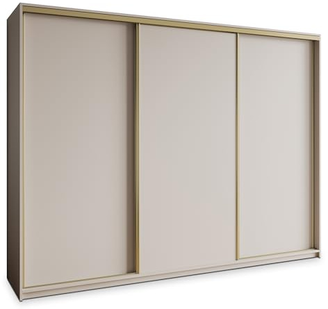 Masseno Schiebetürenschrank Nisse 270/205/60 cm Kleiderschrank mit Schubladen Schlafzimmer Schrank 3-türig Kaschmir + Gold