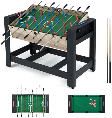 HOMASIS Multi Spieltisch, Multifunktionstisch mit Tischkicker & Billardtisch, Kickertisch Billard mit Bälle Queue Dreieck Bürste Kreide, Multigame-Tisch Kinder Erwachsene