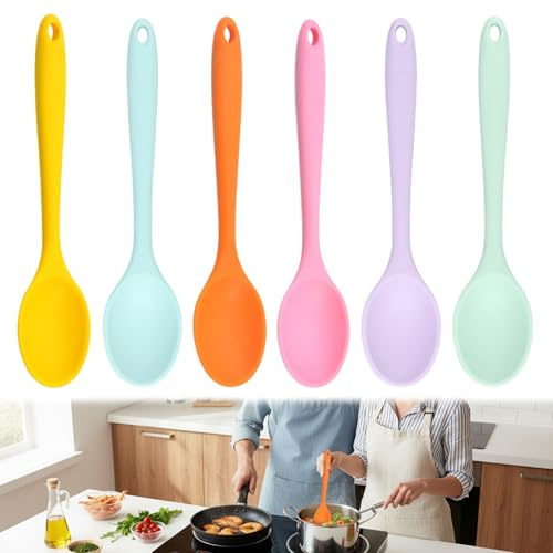 6 Pcs Multicolored Silicone Spoons for Cooking, Mixing Silicone Spoon, Nonstick Silicones Spoons for Cooking Baking Stirring Mixin