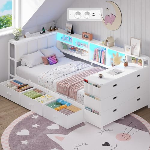Brinlawb Lit Banquette 90x200 cm Canapé Lit avec 1 Table et 1 Commode à 6 Tiroirs, Lit Enfant avec Éclairage LED et Multiprise (2 Prises AC, 2 Ports USB) Lit 1 Place avec Tête de Lit Rembourrée, Blanc