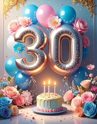 Stort födelsedagskort 30 år, jämn födelsedag, ballonger och tårta | Blank insida, kuvert ingår