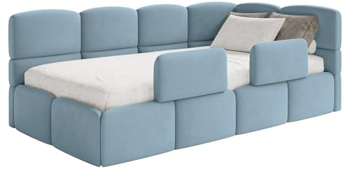 Selsey Jugendbett 120x200cm Hellblau gepolstert mit Stauraum und Lattenrost, Polsterbett Kinderbett mit 2 Schutzbarrieren, Jugendbett rechtsseitig mit Bettkasten, Bett 120x200 für Kinderzimmer