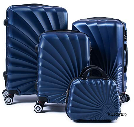 R.Leone Valigia da 1 pezzo Fino a Set 4 Trolley Rigido grande, medio, bagaglio a mano adatto Ryanair 55x40x20cm e beauty case 8 ruote in ABS 2092 (Blu, Set 4 XS S M L)