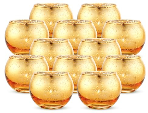 Porte-Bougie Votif Rond en Mercure de 12 Pièces - Fait de Verre au Mercure avec Une Finition Dorée Mouchetée - pour Vos Décorations de Mariage ou Votre Décor à la Maison