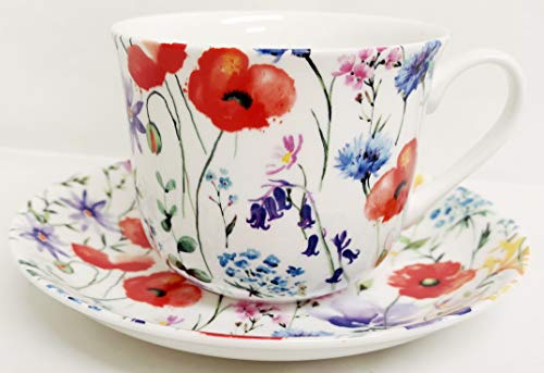 Wildflowers Meadow Breakfast Cup & Saucer Fine Bone China Large Big Cup & Saucer Hand Decorated in UK