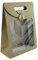 Emartbuy Starkes Papier Steh auf Quadratische Tasche, 26 cm x 19 cm x 9 cm, Braune Krafttasche mit Klarem Fenster und Bogen - Packung mit 12 Stück