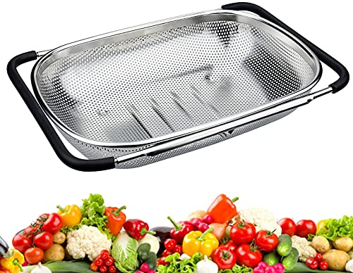 Komoyo Panier de Vidange en Acier Inoxydable, Passoire Ovale Évier Légumes Égouttoir avec Poignées en Caoutchouc Extensibles pour s'adapter à n'importe Quel Évier