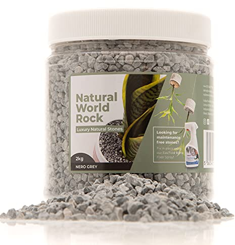 Natural World Felspflanzen-Topper, schöne Natursteine, 2kg, 5 mm Durchmesser, ideal für Blumentöpfe innen und außen, für Zuhause, Garten, Pflanzentöpfe und Nerograu