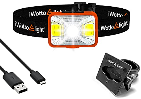 iWotto E light Linterna Frontal LED USB Recargable con Cinta Ajustable y Soporte para Bicicleta - Alta Potencia y 5 Modos - Impermeable y Resistente al Polvo - Running, Pesca, Ciclismo, Senderismo
