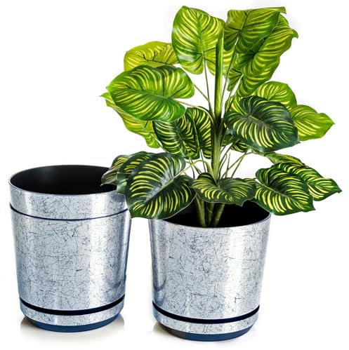 KORAD Set di 3 vasi con sottovaso di diametro 21 cm modello 017 - Argento Vecchio; glamour; moderno, alta brillantezza, stile classico, rustico, loft, per piante, erbe, fiori e composizioni vegetali.