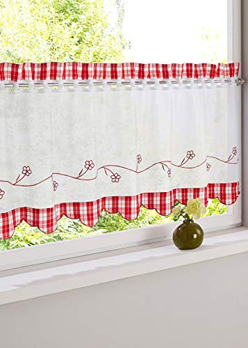 Devola Scheibengardine Landhausstil Karierte Flächenvorhang Blumenmuster Bestickte Bistrogardine Halbtransparente Kurzgardine Cafe Vorhang Küchengardine HxB 30x120cm Rot 1er Pack