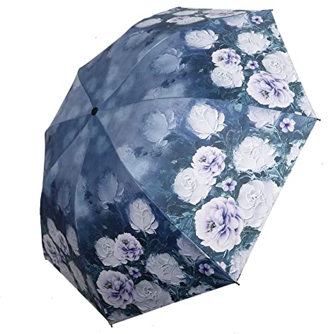 SUYGGCK Umbrella Women Fashion Floral Print Tri-Fold Folding Umbrella Black Coated Uv Protection-Light Blue