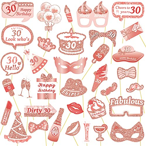 AIYONG Rosa Photo Booth Compleanno Accessori Carta Foto Frame Cornice Baffi Occhiali Cappelli Puntelli Fotografia Decorazione per Festa Compleanno Gadget 30 Anni Fai da Te