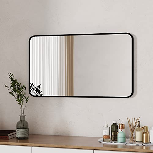 Boromal Spiegel Schwarz 100x60cm Rechteckiger mit Rahmen Badspiegel Wandspiegel Dekorative für Badezimmer, Wohnzimmer, Gäste WC
