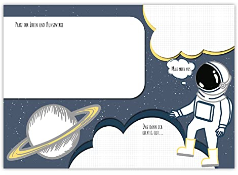 PRIMUS PRINT - Astronaut Schreibtischunterlage Papier - DIN A2 Unterlage Schreibtisch - Abreißblock - 80g Dickes Naturpapier - Stabiler Papprücken - 25 Blatt - [ Motiv: Astronaut ohne Fußleiste ]
