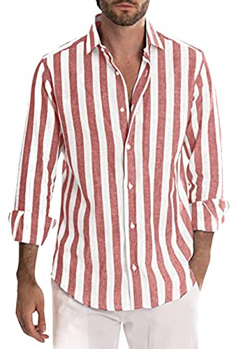 Chemise en lin pour homme à rayures - Manches longues - Pour l'été - Pour les loisirs - Funky Hawaïen - Manches longues - Chemise décontractée - Coupe régulière, rouge, M