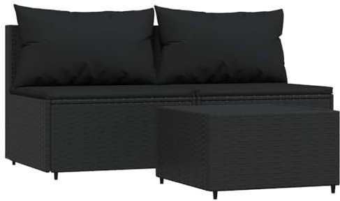 vidaXL Garten Lounge Set 3-TLG., Gartenmöbel Set mit Kissen, Sitzgruppe für Garten Terrasse, Modular Sofa Garnitur Loungemöbel, Schwarz Poly Rattan