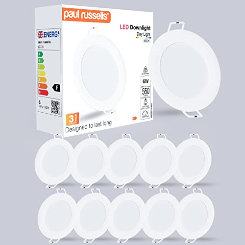 paul russells LED Ceiling Downlights, 6W Slim Recessed Bathroom Downlights, Kitchen Ceilings, 550 Lumens, 6500K Bright Daylight, Cutout 85-95mm, Round Non-Dimmable Panel Spotlights, 10 Pack