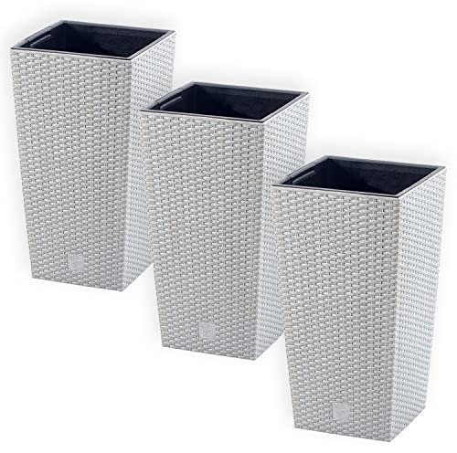 Set di 3 Vasi per Fiori Piante Quadrati Rato Square ECO WOOD In Plastica e 33% Legno 20x20x37,6cm Da Interno Esterno Bianchi Volume 11,4 Litri Design Moderni