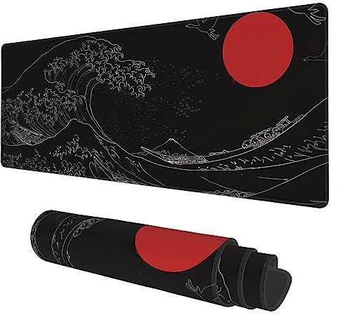 KOAIWPAE Schreibtischmatte, schwarz, japanischer Stil, Welle und rote Sonne, erweitertes Gaming-Mauspad, groß, 80x30 cm, Lange Computer-Tastatur, Mauspad für Zuhause und Büro