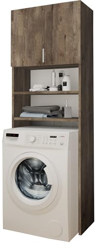KIER FURNITURE Waschmaschinenschrank 64 x 183 x 30 cm - Badregal Hochschrank - Waschmaschine Bad Schrank - Badezimmerschrank Überbau - 2 Regale und Schrank - Esche Dunkel