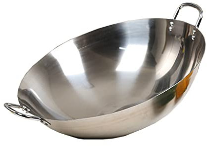 OQHAIR Wok in Acciaio Inossidabile a Doppio Orecchio Addensato AntiGraffio e sfregamento Wok Antiaderente e antiruggine 36 cm, Wok Non Magnetico a conduzione Rapida del Calore per Uso Dom