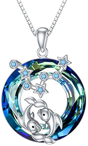 enjoylifecreative Damen Fische Sternzeichen Kristall Halskette 925er Sterling Silber Pisces Geburtsstein Horoskop Anhänger Kette Sternbild Astrologie Schmuck Geschenke für Frauen Mädchen