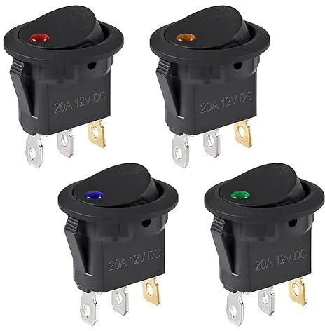 LYEAA 4-teiliger beleuchteter Wippschalter, wasserdicht, DC 12 V, 20 A, SPST-EIN/Aus-Schalter, 3-polige Kipptasten mit LED-Licht for Auto, Auto, Boot, LKW (je 1 in 4 Farben)