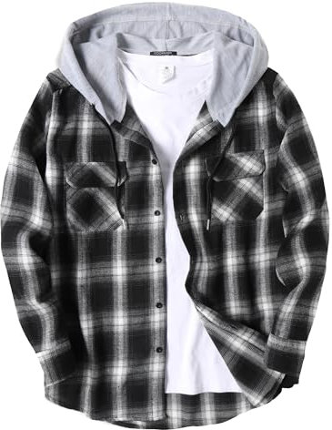 COOFANDY Herren Plaid Hoodie Flanell Hemd Jacke Langarm Casual Mode Button Shirts, Schwarz kariert 2, X-Large