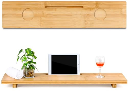 Wenqik Bandeja de bañera de madera de bambú para mesa grande, accesorios antivuelco para bañera, baño, spa