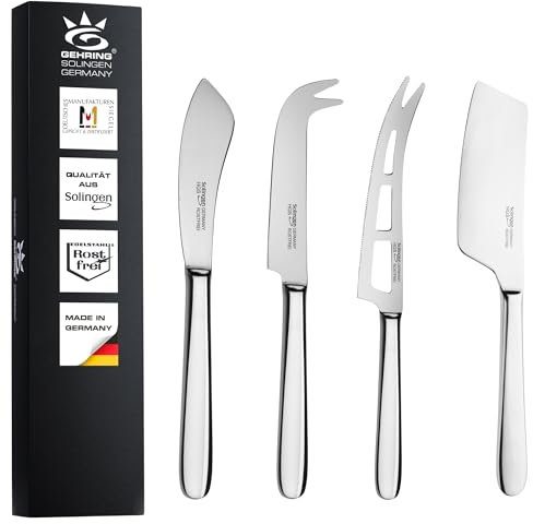 GEHRING| Solingen Käsemesser Set 4tlg. Pur, Käseschneider mit Edelstahlgriff, für Hartkäse, Weichkäse, Streichkäse, mit Käsebeil, Besteck spülmaschinengeeignet I Made in Germany