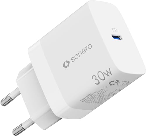 sonero chargeur USB-C, 1x 30 watts port USB-C, GaN chargeur rapide, alimentation USB, chargeur de téléphone portable avec détection automatique du courant de charge, blanc