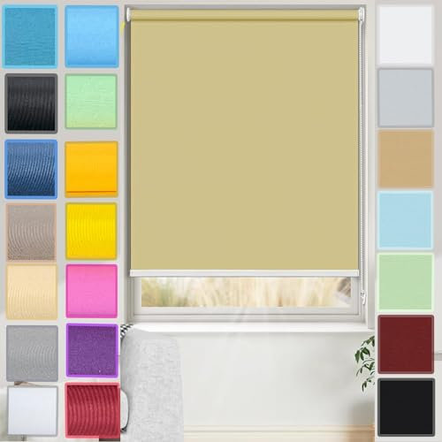 Klemmfix ohne Bohren Verdunklungsrollo 65 x 120 cm Sonnenschutz und Sichtschutz Verdunkelungsrollo Klemmfix, mit Klämmträger, für Fenster & Tür, Sandgelb