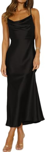 Mogidol Sommer Satin Spaghettiträger Wasserfallausschnitt Rückenfrei Midi-Kleider für Damen Elegante Bindung Tiefer Rücken Gerüscht Cocktailkleid Schwarz