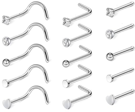 FDCGAS nasenpiercing - 15pcs 0,8 mm nasenpiercing stecker,Nasenstecker 20 g Nasenknochen Nase Schraube Edelstahl Nase Twister Haken L-S-I Form Nase Piercing Schmuck Set