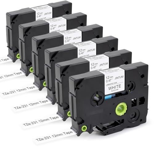 JINTUM 6X TZe-231 Kompatibel mit Brother P-Touch Label Maker Bänder 12mm 0.47 Weiß, TZ Tape 12mm 0.47 White für Brother PT-D210 PTD-400 PT-D410 PT-H100 PT-H105 PT-H107B