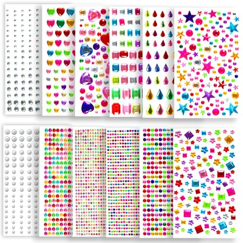Yolistar 3800 Stück Glitzersteine Selbstklebend, 12 Blätter Acryl Bunt Selbstklebende, Glitzersteine Gesicht, Mehrfarbig, Verschiedene Formen, Für Bastel-DIY, Grußkarten, Nägel Deko, Fotorahmen