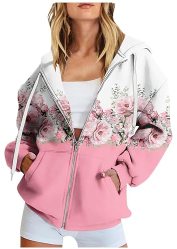 Oversize Sweatjacke Damen Zipper Hoodie mit Kapuze Casual Einfarbig Jacke Langarm Übergangsjacke Große Größen Pullover Leichte Kapuzenjacke Lose Sportjacke Basic Mantel Taschen Kapuzenullover 2024