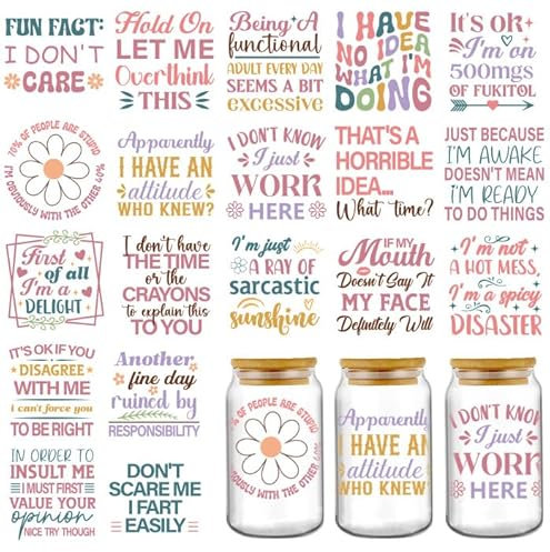 AFRITEE Transfer UV DTF Decals - 20 Sheets Funny Uvdtf Tumbler Wraps for 16 oz Glass Mugs Cups, Sarcastic Tumblers Decal Stickers for DIY Laptop Phone Case Decoration