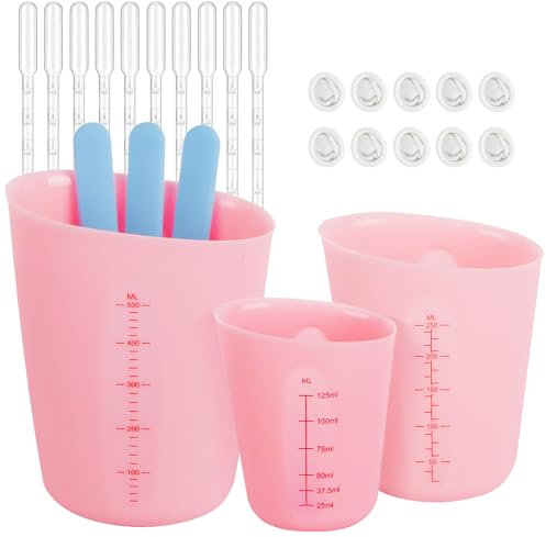 MirraSwit 3 Pcs Silicone Measuring Cups Tool Kit for Resin, Non-Stick 500ml/250ml/125ml Resin Mixing Cups, Silicone Pouring Cup, with Stir Sticks, Dropper, Finger Cots for Resin Mixing Resin