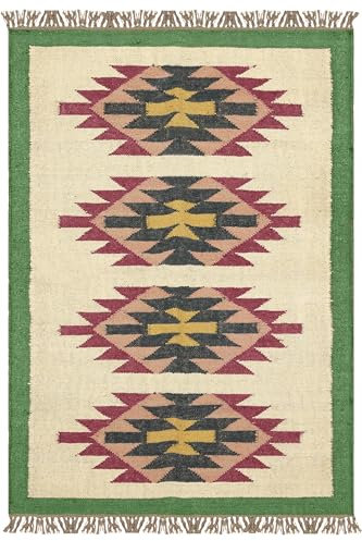 CASAVANI Kelim Großflächen-Teppich, 20,3 x 25,4 cm, stilvoll, naturfarben, Wolle, Jute, handgewebt, Flachgewebe, für den Innen- und Außenbereich, für stark frequentierte Bereiche, Spielzimmer,