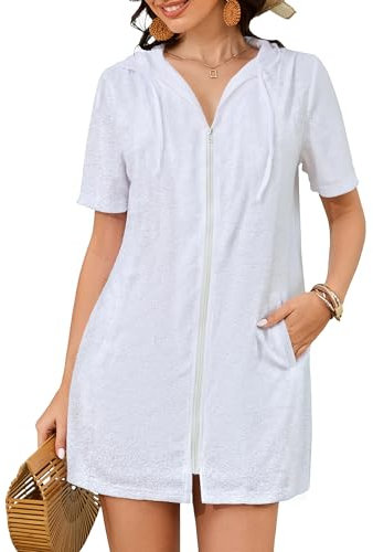 Bsubseach Terry Cloth Badeanzug Cover Up für Frauen Reißverschluss Hooded Bademantel Strand mit Taschen Sommer Weiß XL