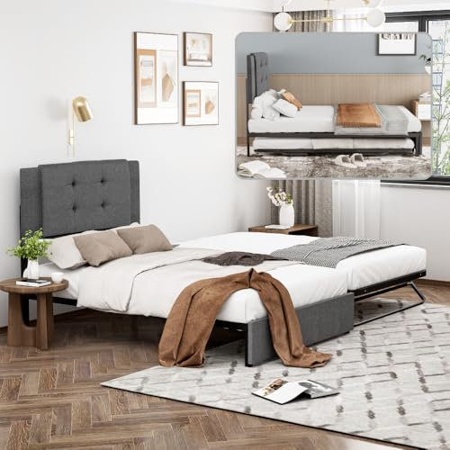 ZJBFXY88 Tagesbett, Doppelbett, Doppelbett mit klappbaren und hochklappbaren Metallbeinen, ohne Matratze, schlicht und stilvoll, 90 * 200+90 * 190cm, Leinen, Grau