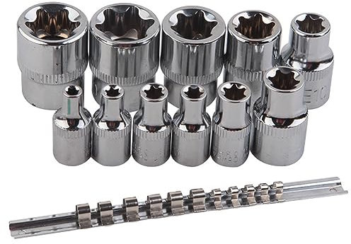 Kochenty Female E-TORX Star Socket Set with Rail 11 Pcs Female External Star Socket Set E4 - E20 Torque Socket Set Alloy Steel Easy to Use