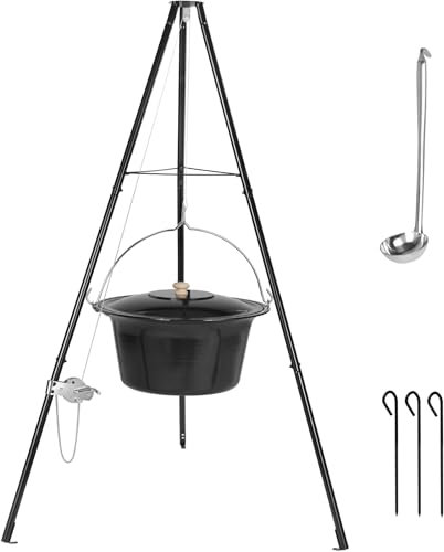 TLSUNNY 30L Gulaschkessel mit Dreibein und Löffel, Original Ungarischer Gulaschkessel, mit Höhenverstellbarer Kette, mit Erdspießen, Kesselgulasch Topf Set, Gulaschtopf Emaille, für 25-30 Personen