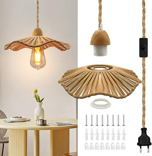 Douille E27 avec Câble et Interrupteur 5.1M, Lustre Corde de Chanvre Câble, Câble Suspension Luminaire Vintage avec Abat-jour, Lampe Suspendue Industrielle, Support Ampoule E27 en Bois pour Cuisine