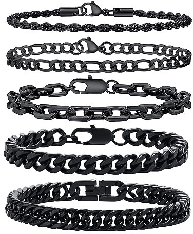 Armband Herren Silber Edelstahl 5 Stücke - Herrenarmbänder Panzerkette Figaro Gliederarmband Herren Armband Set für Jungs Männer Geschenk für Papa Sohn Bruder Ehemann 19/21/23 cm (Schwarz, 19 cm)