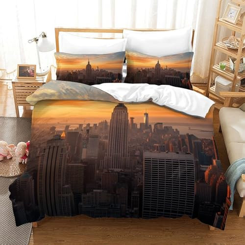 HMRKOEPGX New York 3D Gedruckt Bettwäsche Aesthetic Stadt Bettbezug 3 Teilig Soft Mit Reißverschluss Wende Bettwäsche Deckung Set Double(200x200cm)